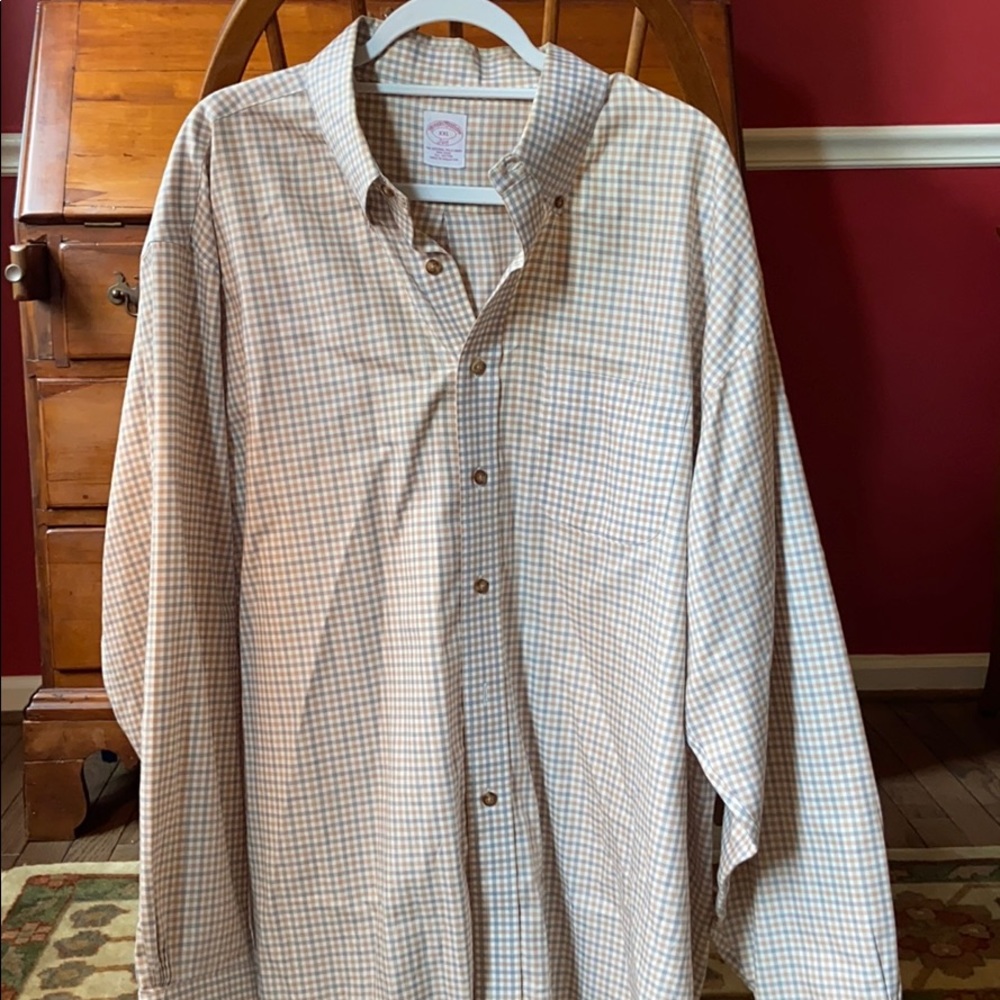 Tan and Grey Dress Shirt with Dark Brown Buttons